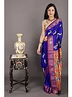 Royal-Blue Brocaded Paithani Handloom Sari from Maharashtra with Zari-Woven Pallu