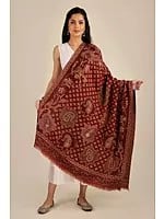 Red-Dahila Jamawar Wool Shawl from Amritsar with Aari Embroidery and Paisley