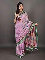 Pink-Lavender Hand-Painted Pattachitra Tussar Silk Saree from Odisha