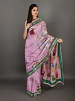 Pink-Lavender Hand-Painted Patachitra Tussar Silk Saree From Odisha
