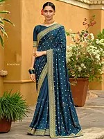 Party Wear Vichitra Silk Saree With Gold Zari Work On Border And Motifs All-Over