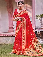 Paithani Silk Saree with Hand-Woven Peacocks on Border and Aanchal