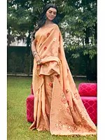 Slub Linen Saree with Floral Zari Border and Anchal