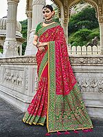 Raspberry Banarasi Silk Saree With Heavy Beaded Mirror Sequins & Thread Work All-over