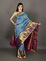 Mediterranian-Blue Handloom Pure Silk Kanjivaram Saree from Tamil Nadu with Wide Brocaded Border