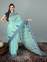 Lichen Tant Pure Handloom Cotton Saree With Floral Butti All Over And Deer Motif On The Border
