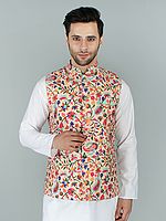 Chikan Ethnic Nehru Jacket Waist Coat with Multicolor Kani Print