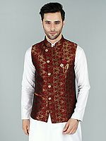 Asymmetric Jacquard Silk Modi Jacket Waist Coat with Mukaish Work