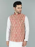 Terra-Cotta Art Silk Nehru Jacket Waist Coat with Sequin and Chikankari