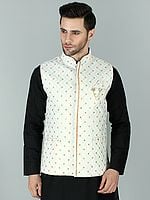 Bright-White Ethnic Nehru Jacket Waist Coat with Thread-Sequin and Mirror Work Embroidery