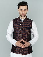 Medieval-Blue Asymmetric Jacquard Silk Bandi Waist Coat with Contrast Orange and Bronze Motif