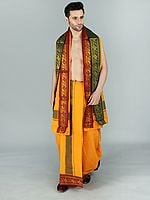 Turmeric Cotton Drape Dhoti and Veshti Set With Broad Elegant Woven Golden Border