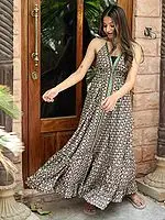 Assorted Vintage Pure Silk Halter Neck Flair Dress From Jodhpur