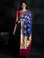 Royal-Blue Uppada Silk Saree with Zari Motif and Contrast Rich Pallu from Karnataka