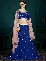 Royal-Blue Georgette Embellished Mirror Work on Lehenga and Choli with Pink Soft Net Dupatta