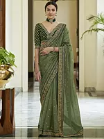 Olive-Green Art Silk Saree with Sequins Chakra Motif and Meena Bail Butta Dori-Zari Embroidery on Border