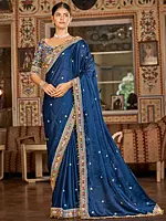 Blue Organza Butta Saree With Art Silk Bail Pattern Designer Blouse And Thread-Zari Work Jhalar Border