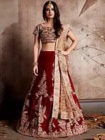 Brick-Red Velvet Silk Bridal Lehenga Choli with Zari Dori Embroidery and Lace Sheer Dupatta
