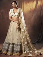 Beige Soft Net Lehenga Choli with Floral Embroidery, Sequins, Matching Dupatta