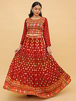 Rococco-Red Georgette Lehenga Choli with All Over Cutdana Embroidery and Sequin Work