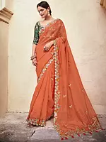 Orange Organza Meena Peacock-Floral Motif Saree with Art Silk Green Blouse and Dori, Thread, Mirror, Beads Work