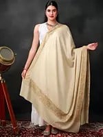 Almond-Cream Sozni Shawl with Diamond Self Weave and Hand-Embroidered Mughal Motif Broad Border