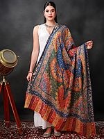 Superfine Multicolor Pure Wool Extra-Wide Shawl from Kashmir with Kalamkari Hand-Embroidered Floral Motif | Takes around 1 year to complete | Handwoven