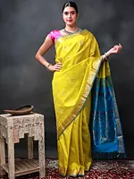 Cress-Green Kanjeevaram Silk Saree with Brocaded Zari Paisley-Floral Booti from Chennai