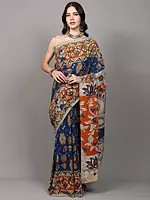 Pure Cotton Hand-Painted Kalamkari Saree with Indian Musical Instruments Print and Floral-Peacock Motif
