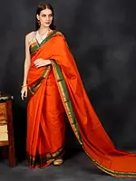Vibrant-Orange Handloom Pavani Venkatagiri Art Silk Sari from Chennai with Woven Contrast Lines and Tassels