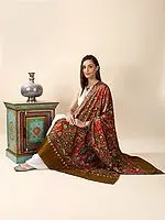 Caramel-Café Pure Pashmina Hand-Embroidered Sozni Jamawar Shawl with Multicolor Herati Pattern and Chinar Leaves On Border