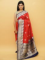 Poppy-Red Pure Khaddi Silk Contrast Banarasi Saree With All-Over Heron Bird Motif And Diamond Pattern Pallu