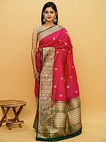 Pure Katan Silk Zari Work Banarasi Saree With Quatrefoil Pattern Pallu