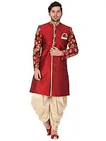Mars-Red Silk Blend Indo-Western Style Embroidered Sherwani with Patiala Dhoti
