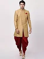 Silk Blend Indo-Western Style Sherwani in Angrakha Pattern with Cotton Blend Patiala Style Dhoti