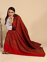 True-Red Kani Shawl with Antique Kashmiri Floral-Paisley Pattern