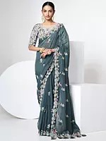 Olive Organza Thread, Dori, Zari Embroidered Floral Meena Butta Saree with Art Silk Blouse and Tassel Pallu Border