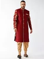 Maroon Silk Blend Embroidered Sherwani with Cotton Blend Patiala Dhoti