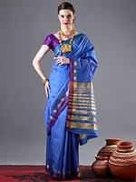 Art Silk Golden Zari Woven Saree with Sheer Stripe Pallu and Lotus-Wave Motif on Border from Tamilnadu