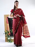 Art Silk Golden Zari Woven Saree with Sheer Stripe Pallu and Lotus-Wave Motif on Border from Tamilnadu