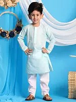 Cotton Blend Embroidered Neckline Kurta with White Pajama