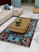 Marine Blue Kashmirii Rug with Decorative Chainstitch Aari Embroidered Rug