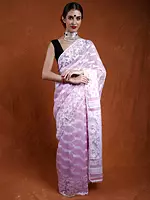 Pink-Tulle Pure Cotton Jamdani Saree from Bangladesh with All-Over Woven Motifs