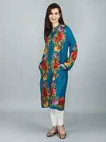 Enamel-Blue Pure-Wool Long Jacket From Kashmir With Giant Aari-Embroidered Flowers