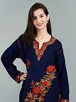 Midnight-Sail Woolen Kurti from Kashmir with Aari Embroidery
