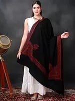 Moonless-Night Sozni Hand-Embroidered Shawl with Red Thread Floral-Paisley Motif Border