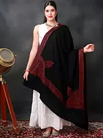 Moonless-Night Sozni Hand-Embroidered Shawl with Red Thread Floral-Paisley Motif Border