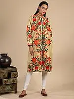 Double-Cream Art Silk All-Over Aari-Embroidered Floral Bail Motif Long Jacket from Kashmir