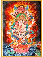 Newari Styled Four Armed Dancing Ganesha -   Brocadeless Thangka