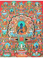 Superfine Medicine Buddha On The Six-Ornament Throne of Enlightenment in His Universe - Tibetan Buddhist Brocadeless Thangka
